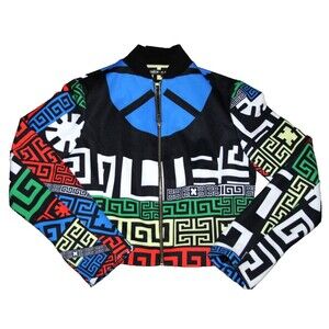 Shein Geometric Print Street Style Crop Jacket Front Zip Multicolor Long Sleeve